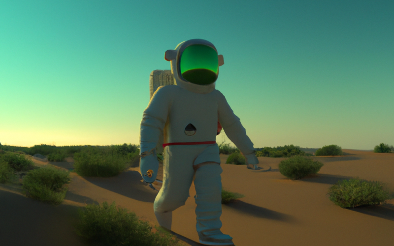 astronauta caminant per un desert verd